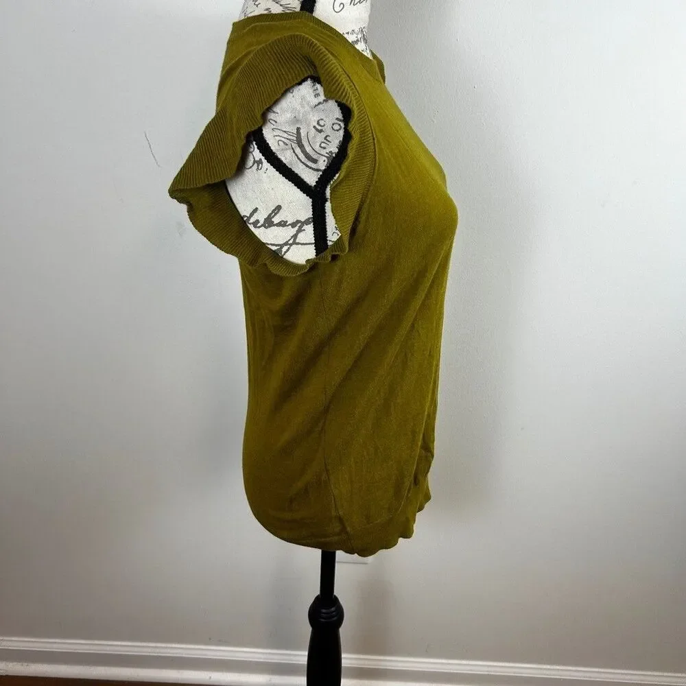 LOFT Outlet Women's Medium Olive Green Ruffle Cap Sleeve Knit Sweater Top